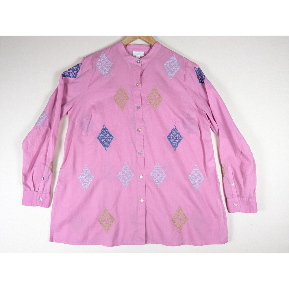 J Jill Top Women Small Pink Cotton Embroidered Long Sleeve Button Up Semi-Sheer